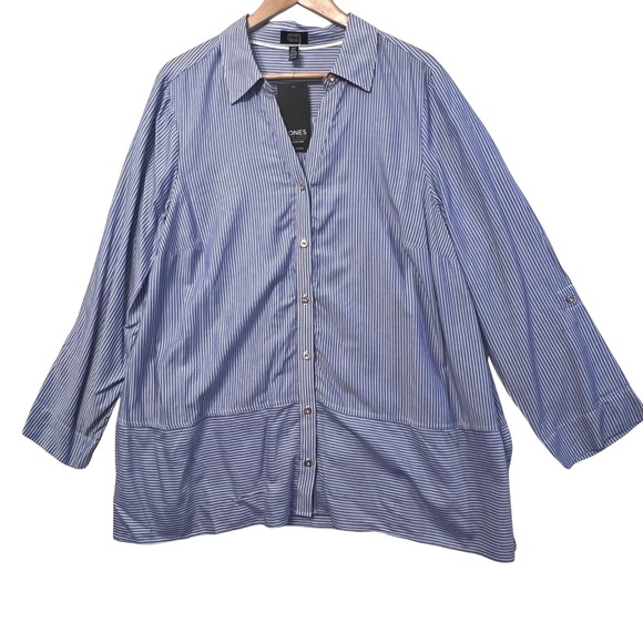 Jones New York Signature Blue Striped Button Down Tunic Top Womens Plus 1X NWT - Picture 1 of 11